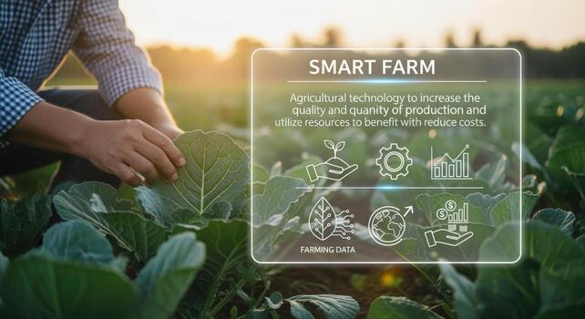 Precision Agriculture Concept Farmer Inspecting Crops with Smart Farm Technology Overlay for Efficient and Sustainable Farming Practices photo