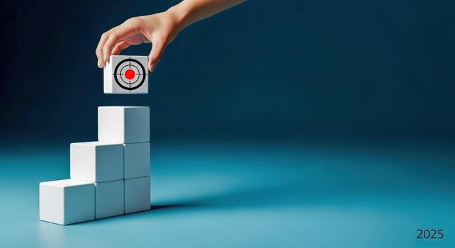 Building Success Hand Placing Target Block Atop Ascending Cubes, Concept for Goals, Achievement, and Business Growth photo