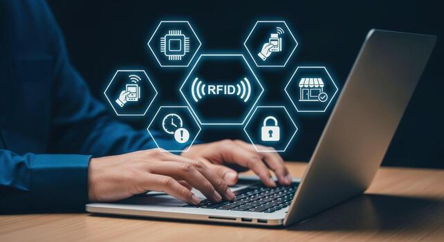 RFID Technology Conceptual Illustration Person Typing on Laptop with Related Icons Hovering, Representing Inventory and Security photo