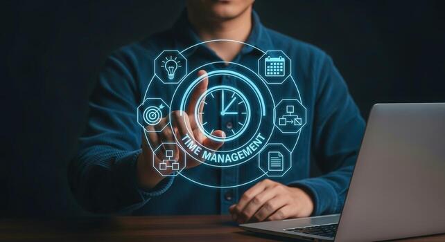 Time Management Concept with Businessman Interacting with a Digital Interface Representing Productivity and Organization photo