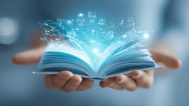 Open book with holographic data stream, hands holding book, education concept, knowledge transfer, digital learning, innovation photo