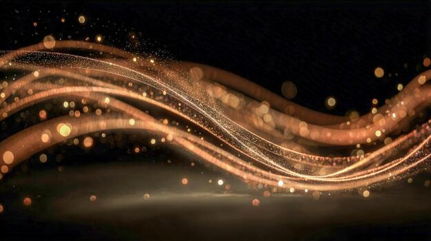 Abstract Golden Light Streaks on Black Background with Bokeh, Perfect for Luxury Branding and Festive Designs photo