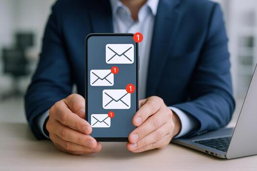 Professional Holding Smartphone Displaying Email Notifications, Communication Technology, Office Environment, Blurred Background photo