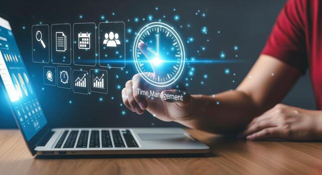 Time Management Concept Person Interacting with Virtual Clock and Productivity Icons on Laptop photo