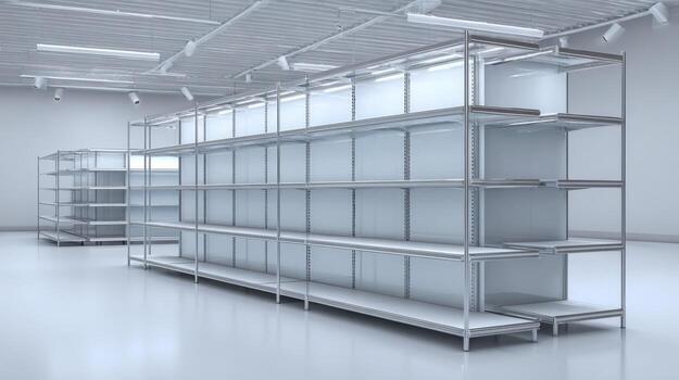 Empty Retail Shelving in a White Store Ideal for Product Mockups and Visual Merchandising photo