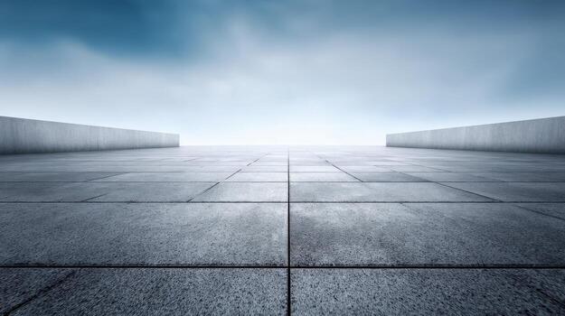Minimalist Concrete Tiled Space with Sky Background, Great for Product Display and Modern Architecture Visualization photo