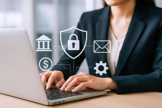 Businesswoman Typing on Laptop with Digital Security Shield Overlay for Data Protection and Cybersecurity photo