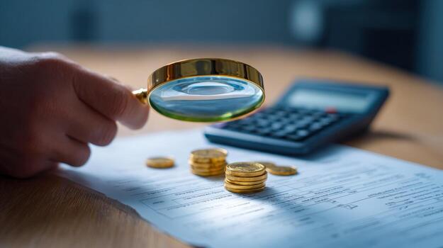 Financial Audit Concept Hand with Magnifying Glass Inspecting Gold Coins and Calculator on Document photo