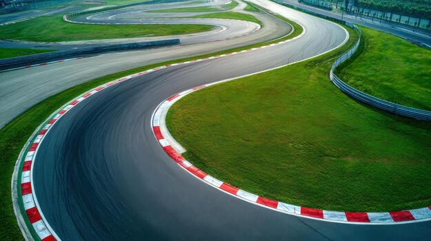Aerial View of a Curvy Race Track Surrounded by Greenery on a Bright Day photo