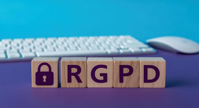 Data Protection Regulation Concept GDPR Letters on Wooden Blocks with Padlock Symbol and Computer Accessories photo