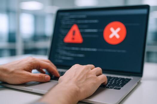 Laptop displaying error and warning symbols indicating potential system failure or software malfunction issue photo