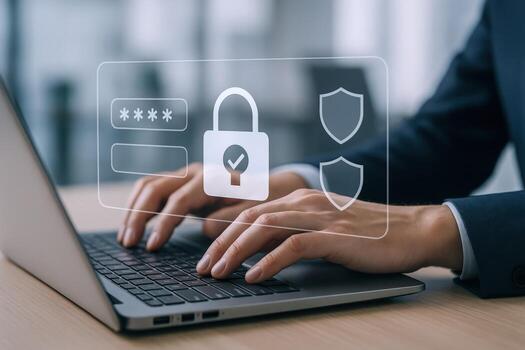 Data protection and network security concept showing a businessman working on a laptop with digital padlock photo