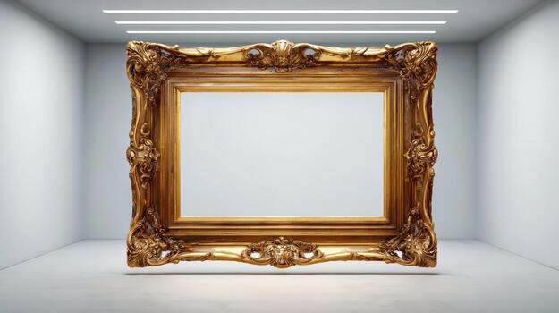Ornate Gold Frame in Gallery Setting with Empty White Space for Art or Text photo