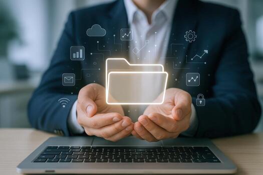 Businessman Presents Data Folder Interface Hologram Over Laptop, Illustrating Information Management and Digital Transformation photo