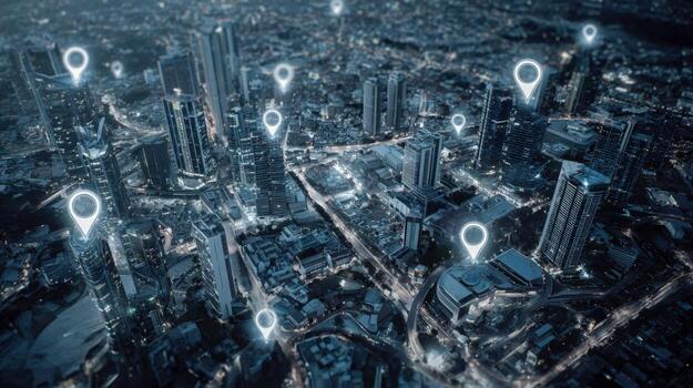 Nighttime Cityscape with Location Pins Urban Connectivity, Digital Navigation, and Modern Technology Integration photo