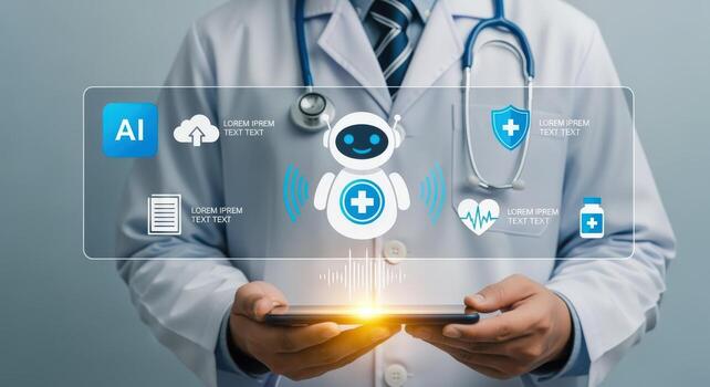 Doctor Utilizing Artificial Intelligence on Tablet for Healthcare Solutions and Medical Technology Advancements in Hospital photo