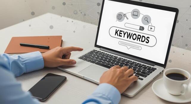 Hands Typing Keywords into a Search Bar on Laptop for Online Business Optimization photo