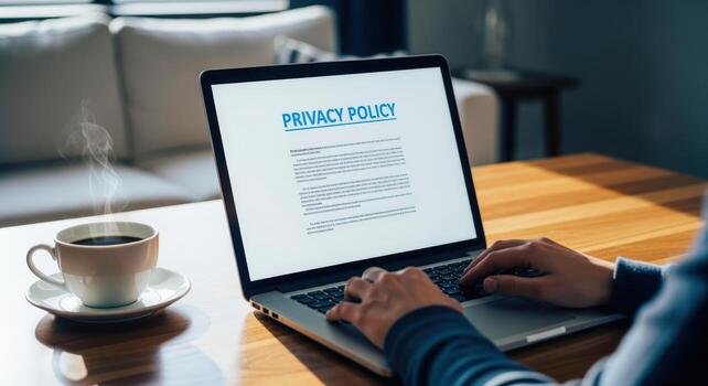 Privacy policy displayed on a laptop screen with a person typing and a cup of coffee photo