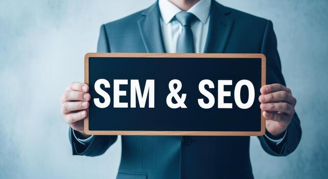 Business professional holding a sign displaying SEM and SEO, representing search engine marketing and search engine optimization photo