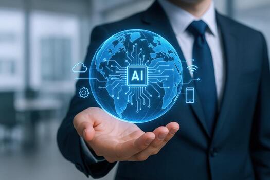 AI Technology Globe Held by Businessman Futuristic Concept for Artificial Intelligence in Global Business photo