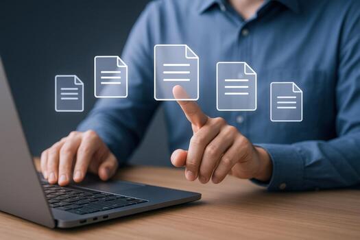 Document Management Concept Man Interacting with Digital Files on Laptop Screen for Efficient Workflow photo