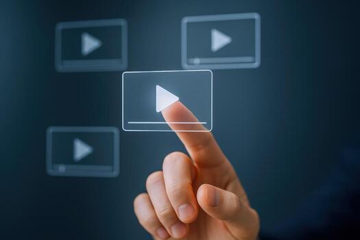 Playback Interface Finger Touching Play Button on Digital Screen for Media Streaming photo