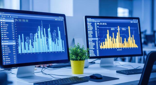 financiero datos análisis en computadora pantallas en un moderno oficina ambiente presentando gráficos y cartas foto