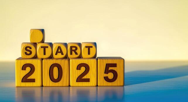 Start 2025 Concept Wooden Blocks Arranged with Text Displaying Beginning of New Year, Goal Setting, and Future Planning photo