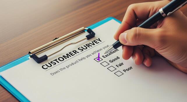 Customer Survey Form Being Filled Out with Excellent Rating Using a Pen on a Clipboard photo