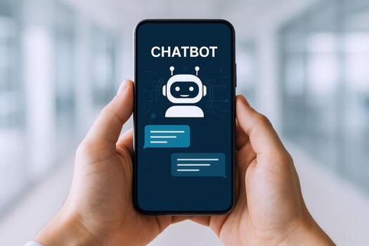 Chatbot Technology on Mobile Phone Hands Holding Smartphone with AI Virtual Assistant Interface Displayed photo