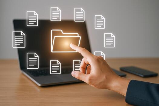 Digital File Management System Interface User Interacting with Virtual Folder on Laptop Screen photo