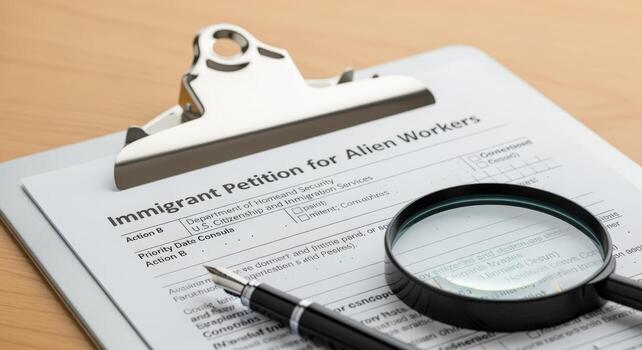 Immigrant Petition on Clipboard with Magnifying Glass and Pen Immigration Form Ready for Submission photo