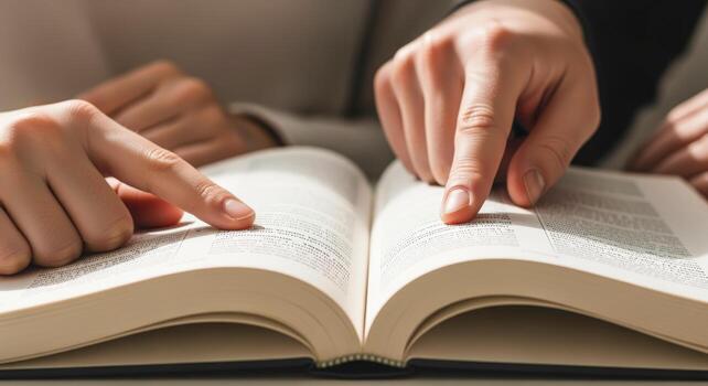 Close-up of open book with fingers pointing at text, symbolizing reading, studying, and education photo