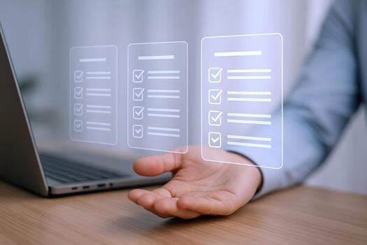 Digital Checklist on Hand Man Using Laptop for Online Survey and Form Completion photo