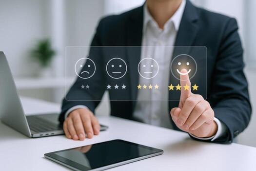 Customer Experience Evaluation Businessman Selecting Positive Feedback on Digital Interface for Satisfaction Survey photo