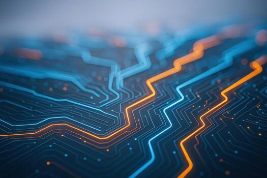Abstract Circuit Board Design with Glowing Traces for Modern Technology and Innovation Concepts photo