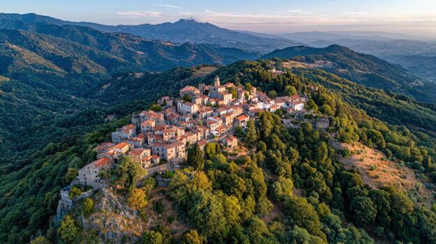 Picturesque hilltop village in Italy surrounded by lush forests and distant mountain range photo