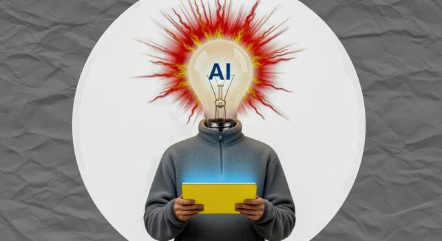 Innovative Technology Concept Man with Glowing Lightbulb Head Holding Tablet, Representing AI, Ideas, and Creativity photo