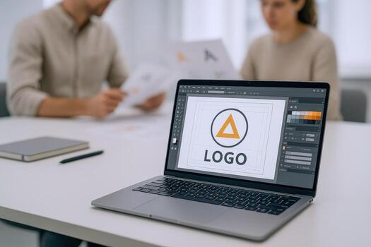 Graphic Design Team Brainstorming New Logo Concepts on Laptop for Business Branding and Marketing photo