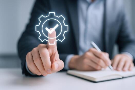 Businessman Selecting Process Optimization, Efficiency Symbol on Virtual Interface and Making Notes, Planning, Management photo