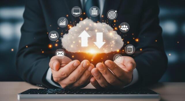 Cloud Computing Technology Business Person Holding Digital Cloud with Data Icons - Modern IT Solutions photo