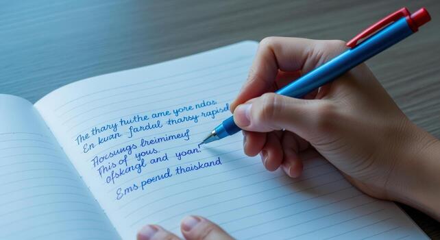 Handwriting in Notebook Close-up of Pen on Paper, Creative Writing Process, Education, and Personal Journaling photo