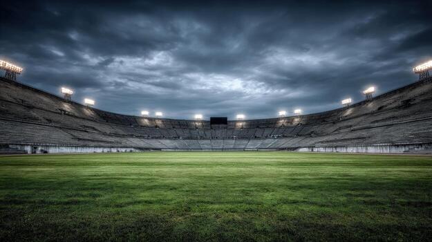 Empty Stadium View with Green Field and Dramatic Cloudy Sky, Ready for Sporting Event photo