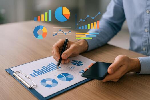 Data Analysis and Business Intelligence A Man Analyzes Charts and Graphs for Strategic Decision-Making photo