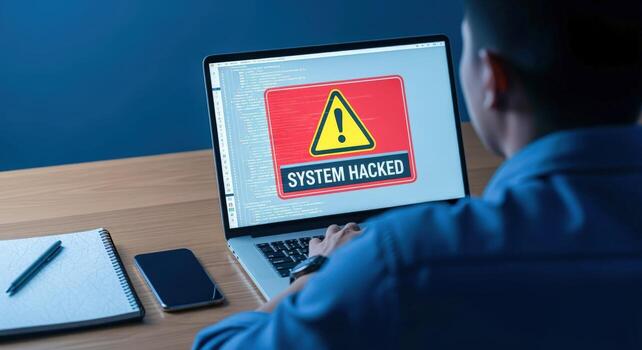 System Hacked Warning on Laptop Screen Showing a Cybersecurity Threat, Information Breach and Data Security Issue photo