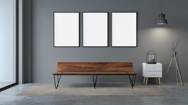 Modern Interior with Three Blank Frames Above Wooden Bench, Ideal for Art Mockups and Presentations photo