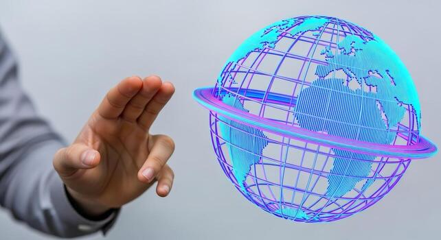 Global Digital Network Representation Hand Touching Holographic Earth Illustration Connecting Worldwide Communication and Technology photo