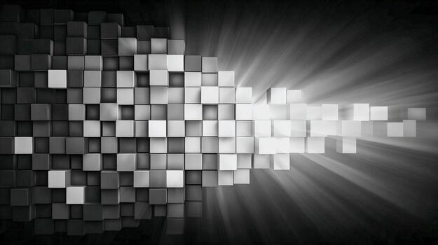 Abstract Geometric Pixelated Cubes with Light Burst in Black and White, Modern Technology Background photo