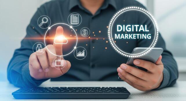 Digital marketing strategy concept with a person using a smartphone to analyze online business trends photo