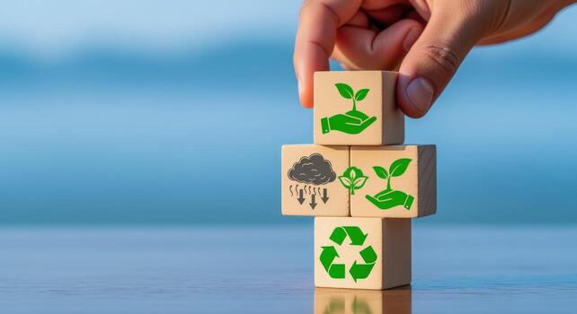 Environmental Concept with Wooden Blocks Showing Sustainability Icons and Hand Placement for Eco-Friendly Future photo